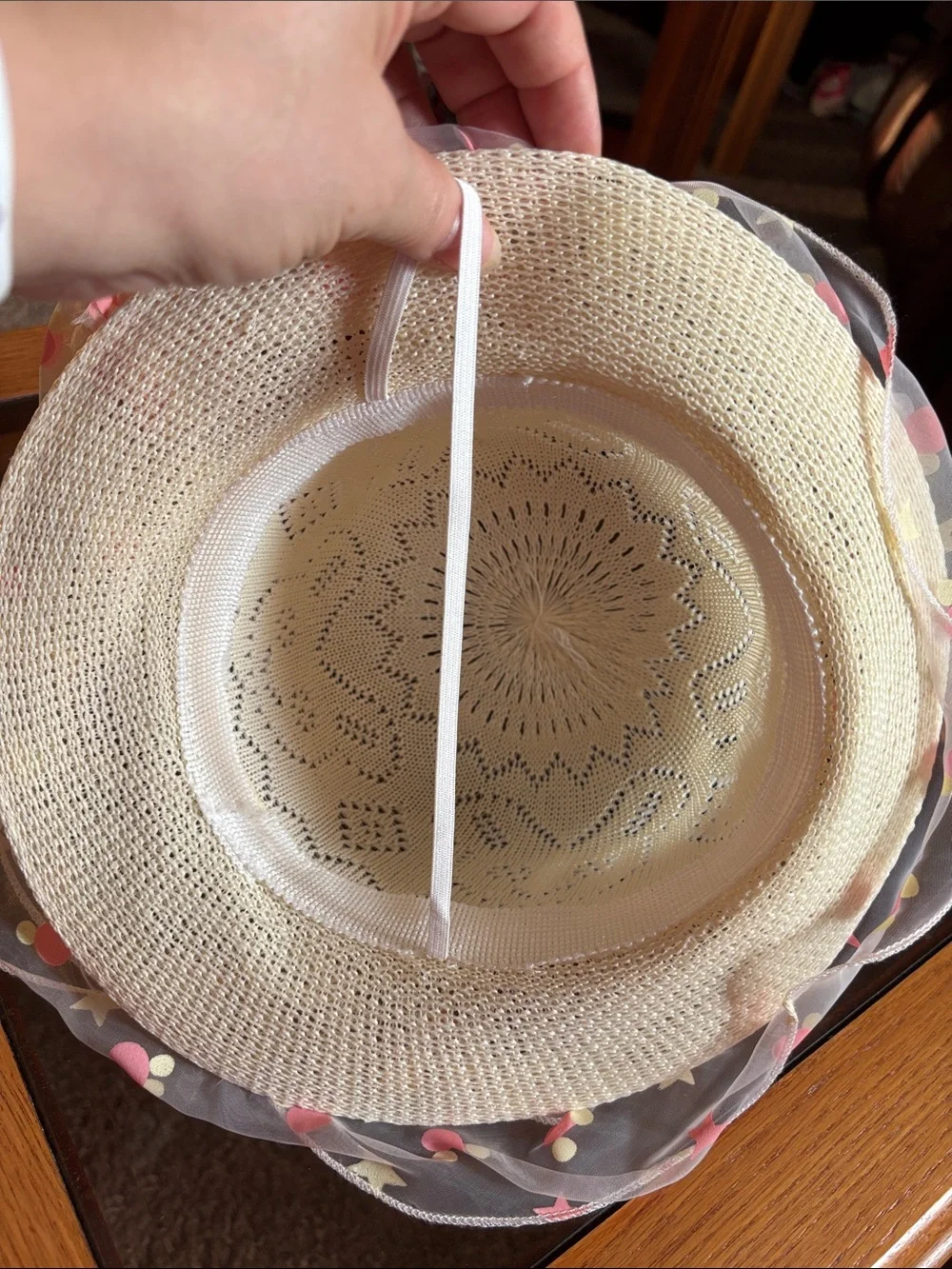 Girls kids White Crochet Sun Hat with Sheer Star & Dot Trim